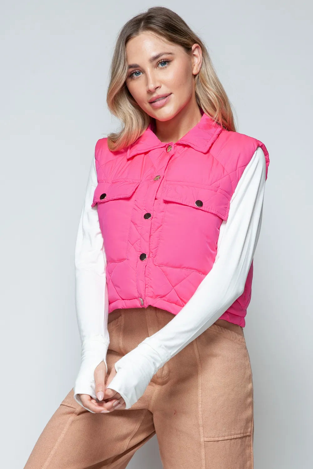 Snobbish Snap Down Quilted Crop Vest in Hot Pink, view 5