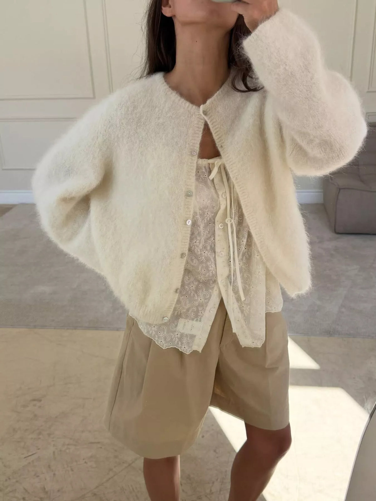Fuzzy Knit Button-Down Cardigan in Beige