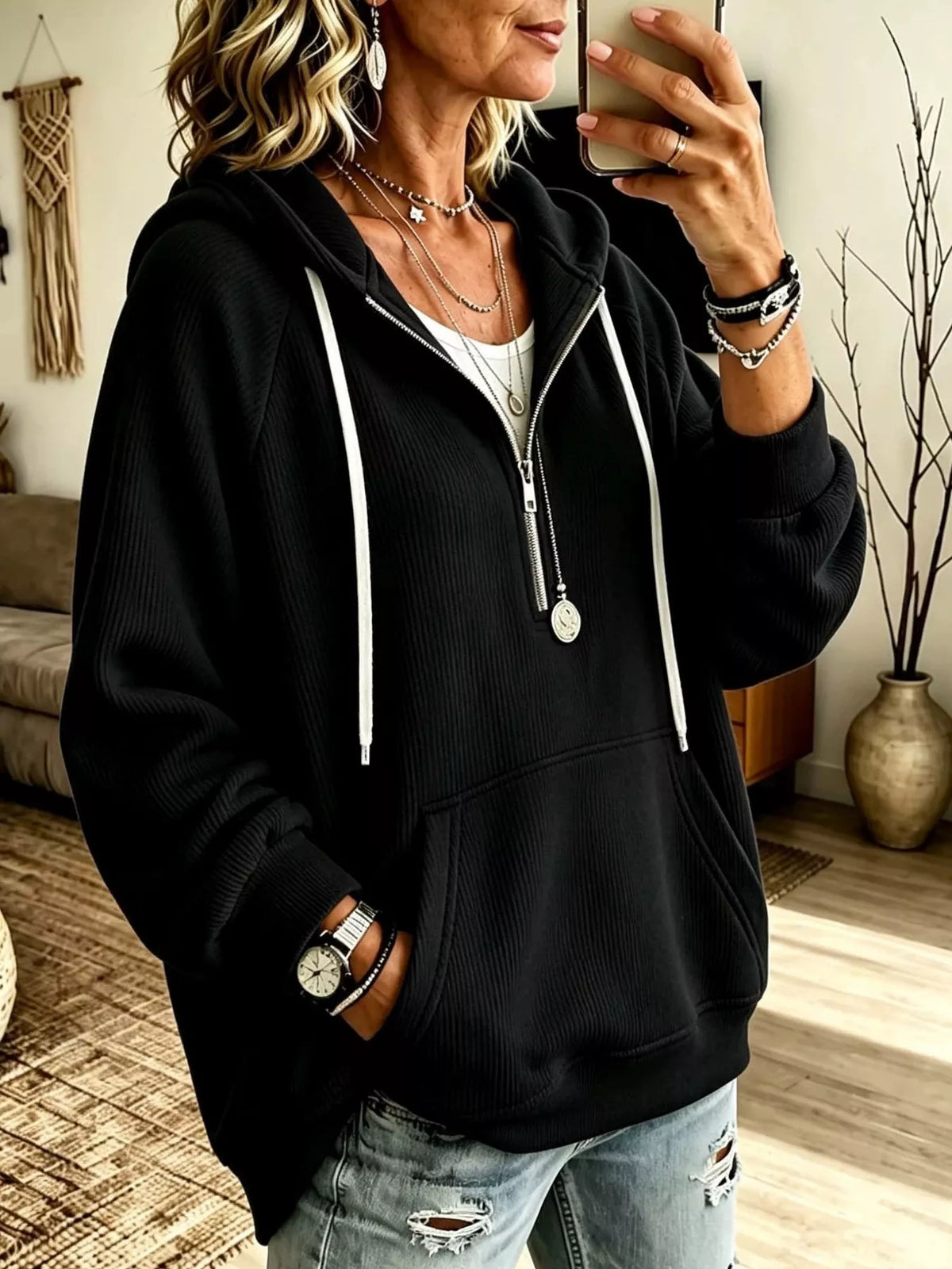Ribbed Knit Quarter-Zip Hoodie with Kangaroo Pocket - Lilixa.store