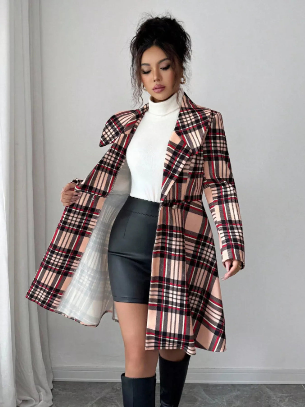 Plaid Button Up Long Sleeve Coat, view 5