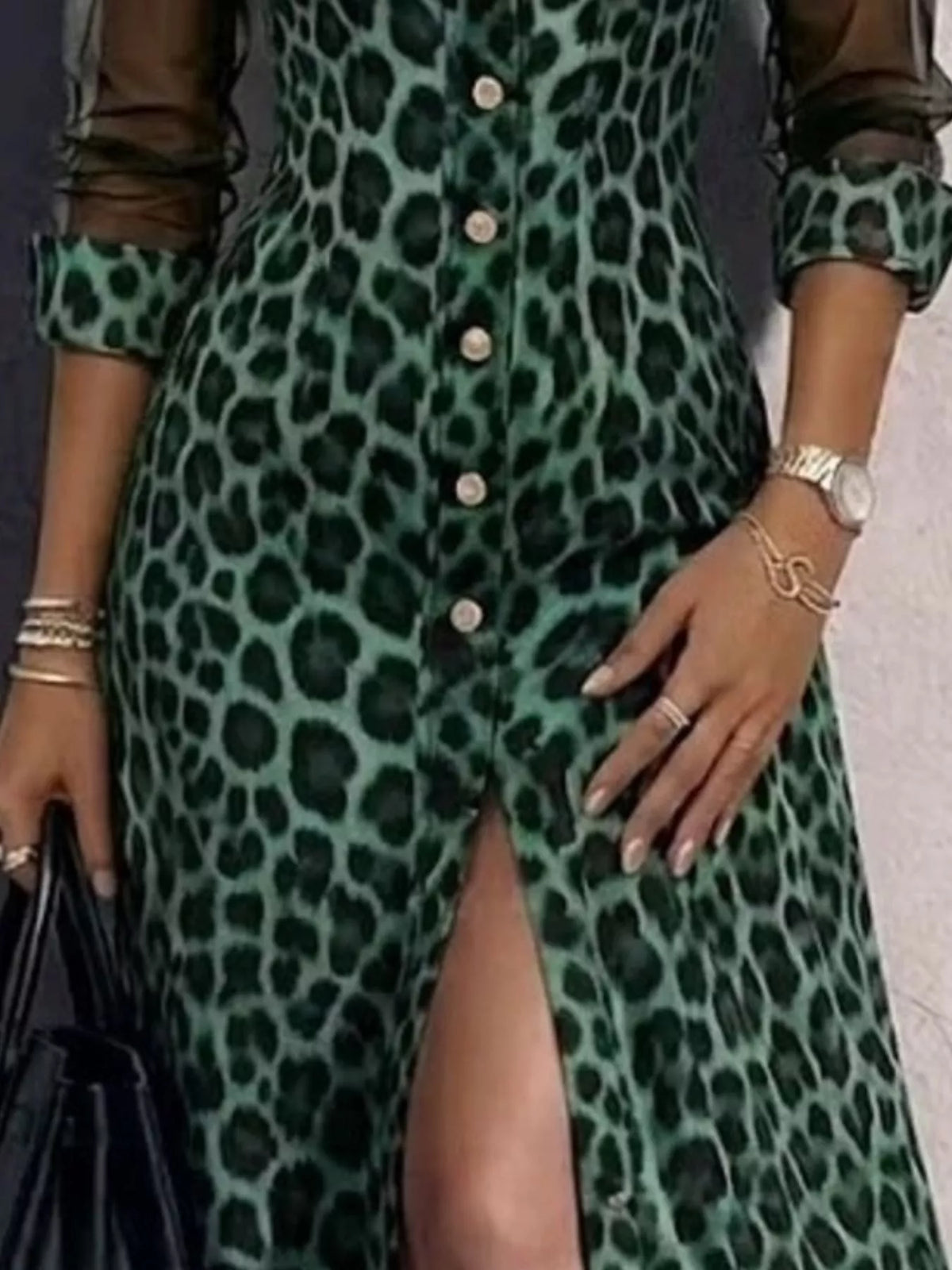 Full Size Leopard Sheer Mesh Long Sleeve Button-Down Maxi Dress Plus Size