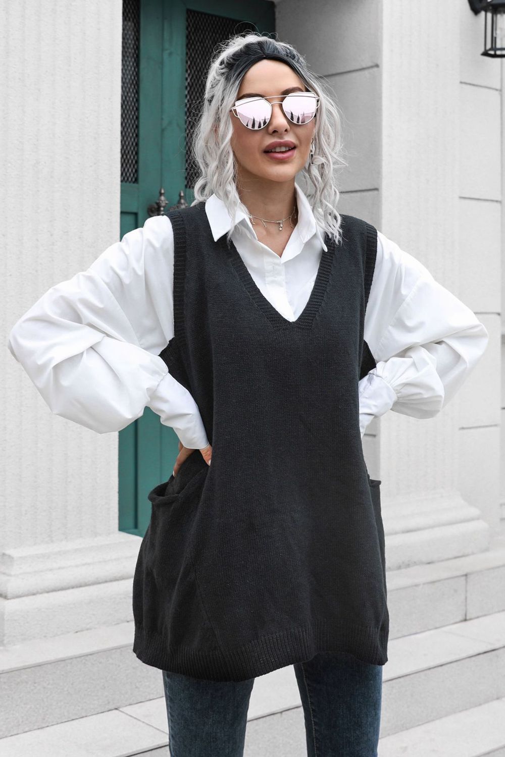 V-Neck Sleeveless Sweater Vest with Pocket in Black, view 2