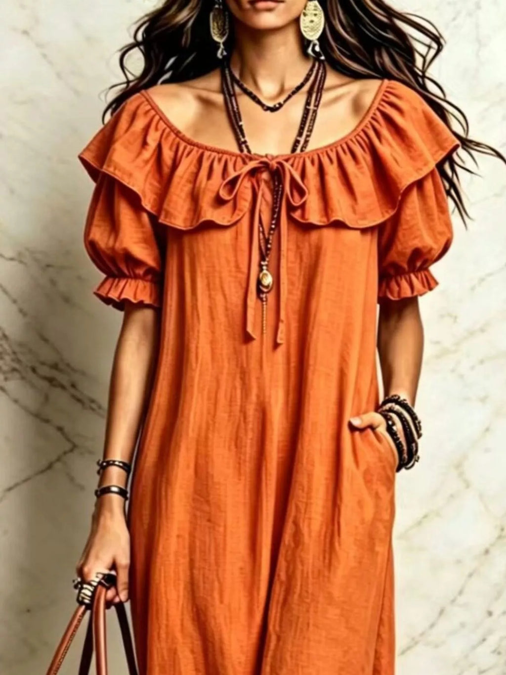 Ruffle Trim Puff Sleeve Maxi Dress - Lilixa.store
