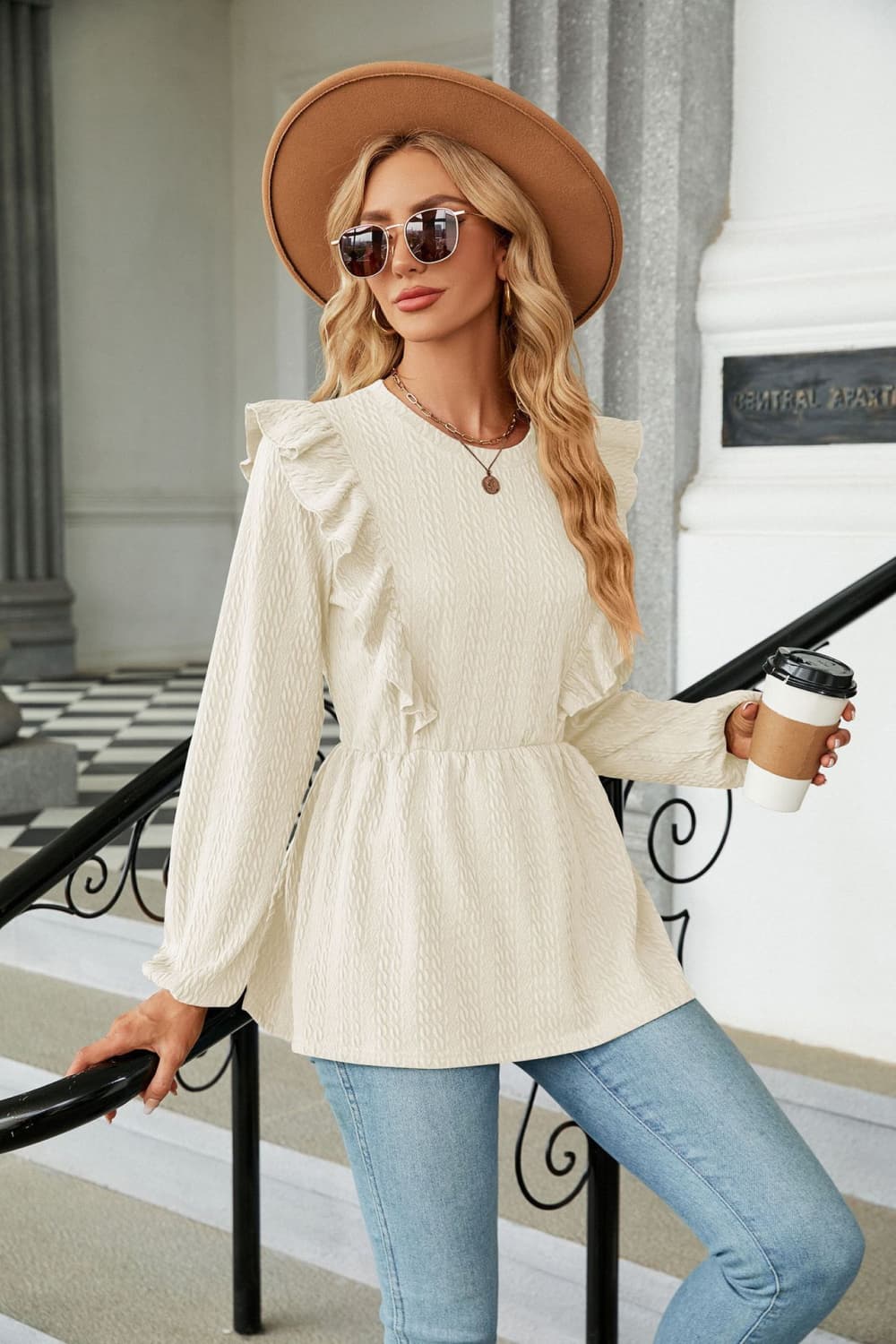 Round Neck Ruffled Peplum Blouse, view 3