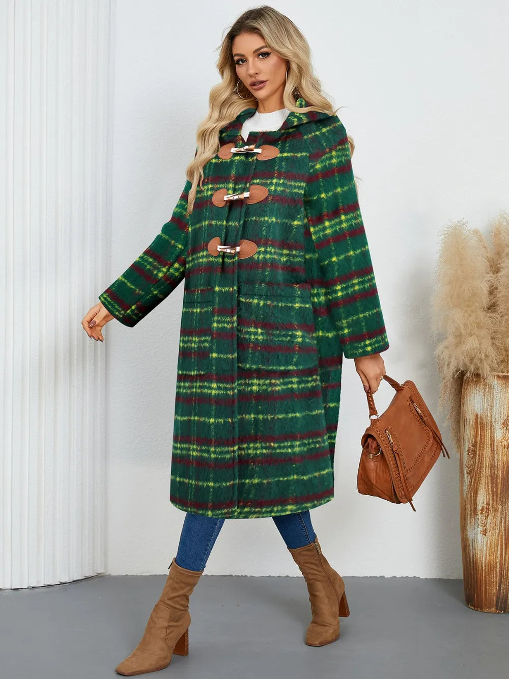 Plaid Long Sleeve Hooded Coat with Pockets, view 4
