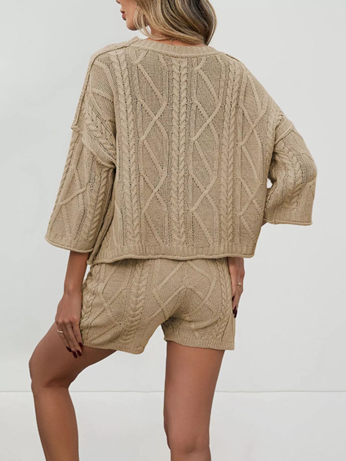 Cable Knit 3/4 Sleeve Sweater and Shorts Set, view 3