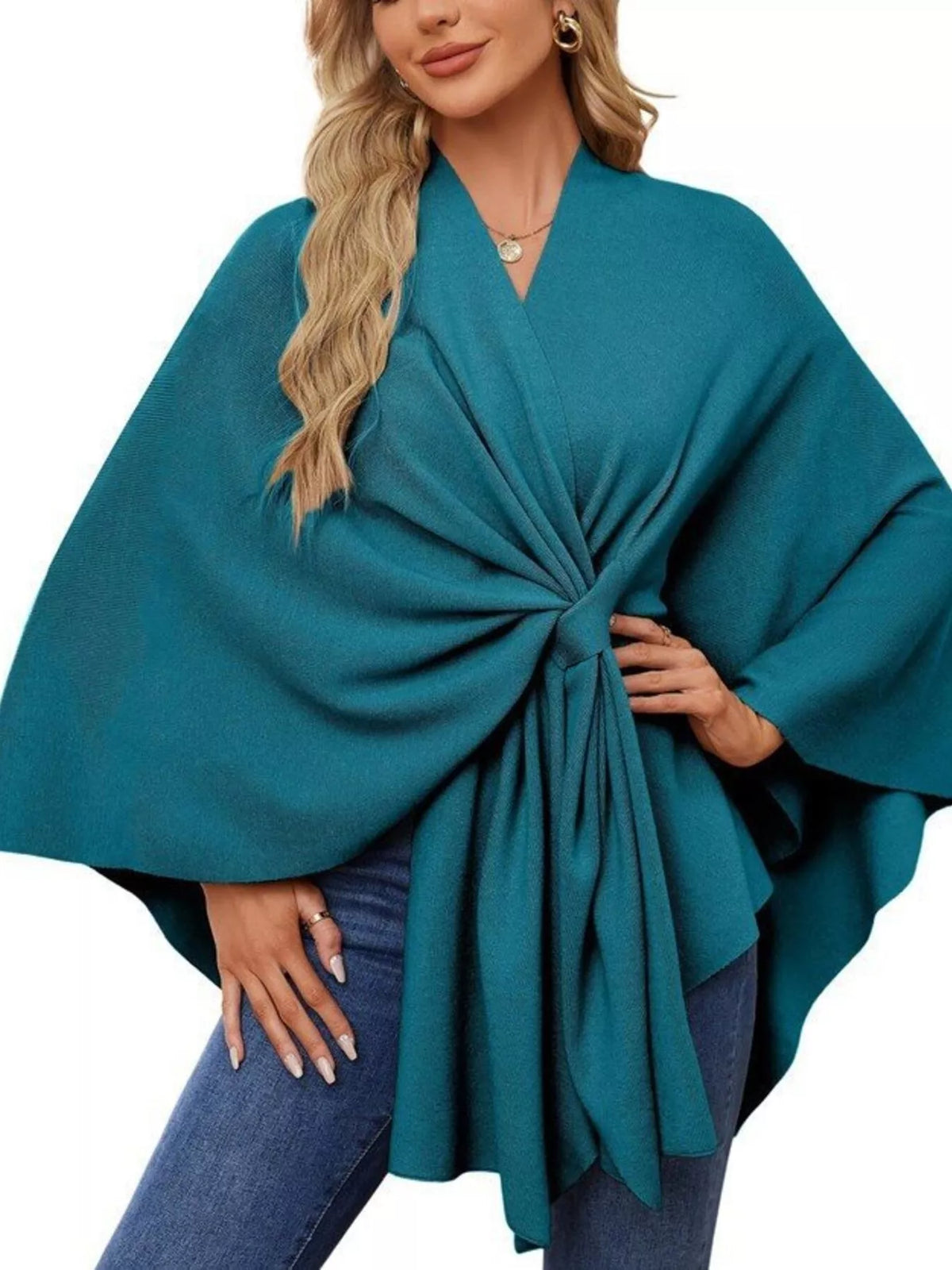 Solid Color Tie-Front Knit Cape Top in French Blue