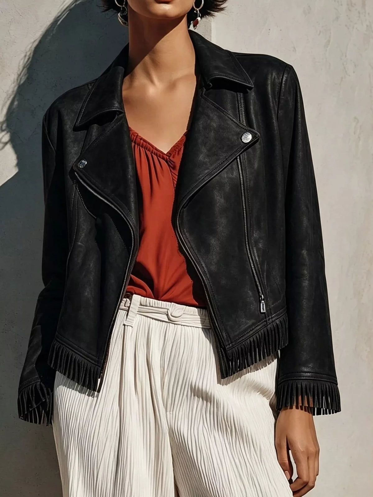 Fringe Hem Zip Up Jacket