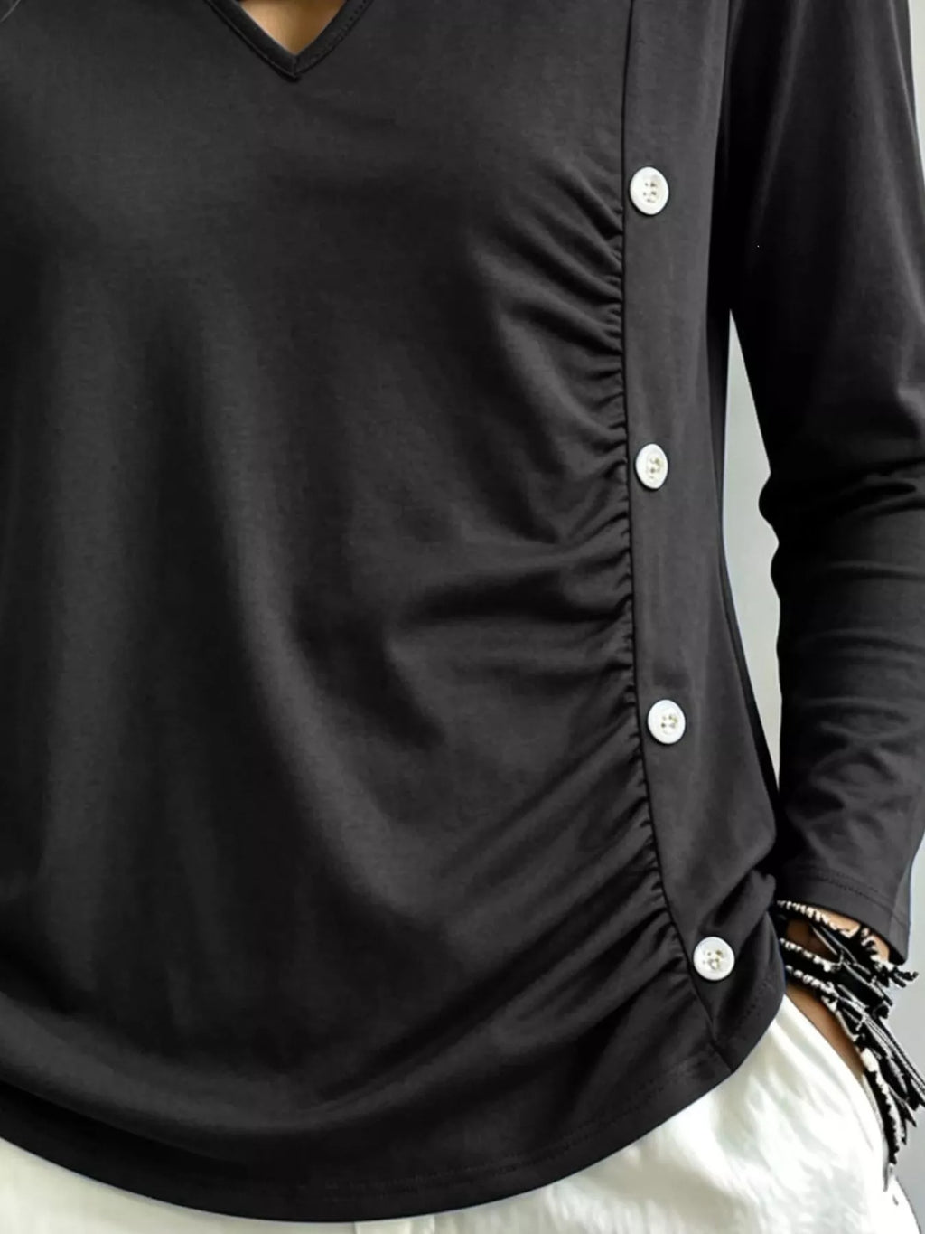 Plus Size Decorative Button Criss-Cross Long Sleeve Top - Lilixa.store