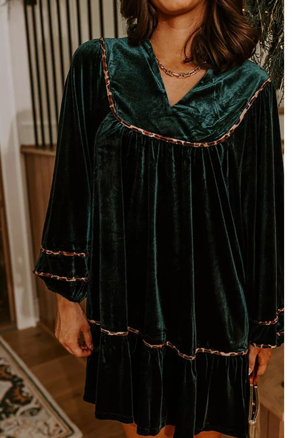 Leopard Trim Velvet Long Sleeve Shift Dress - Lilixa.store