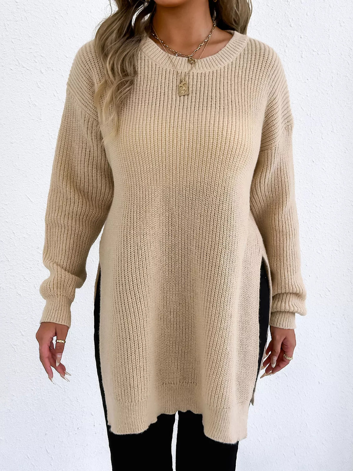 Side-Slit Dropped Shoulder Sweater - Lilixa.store