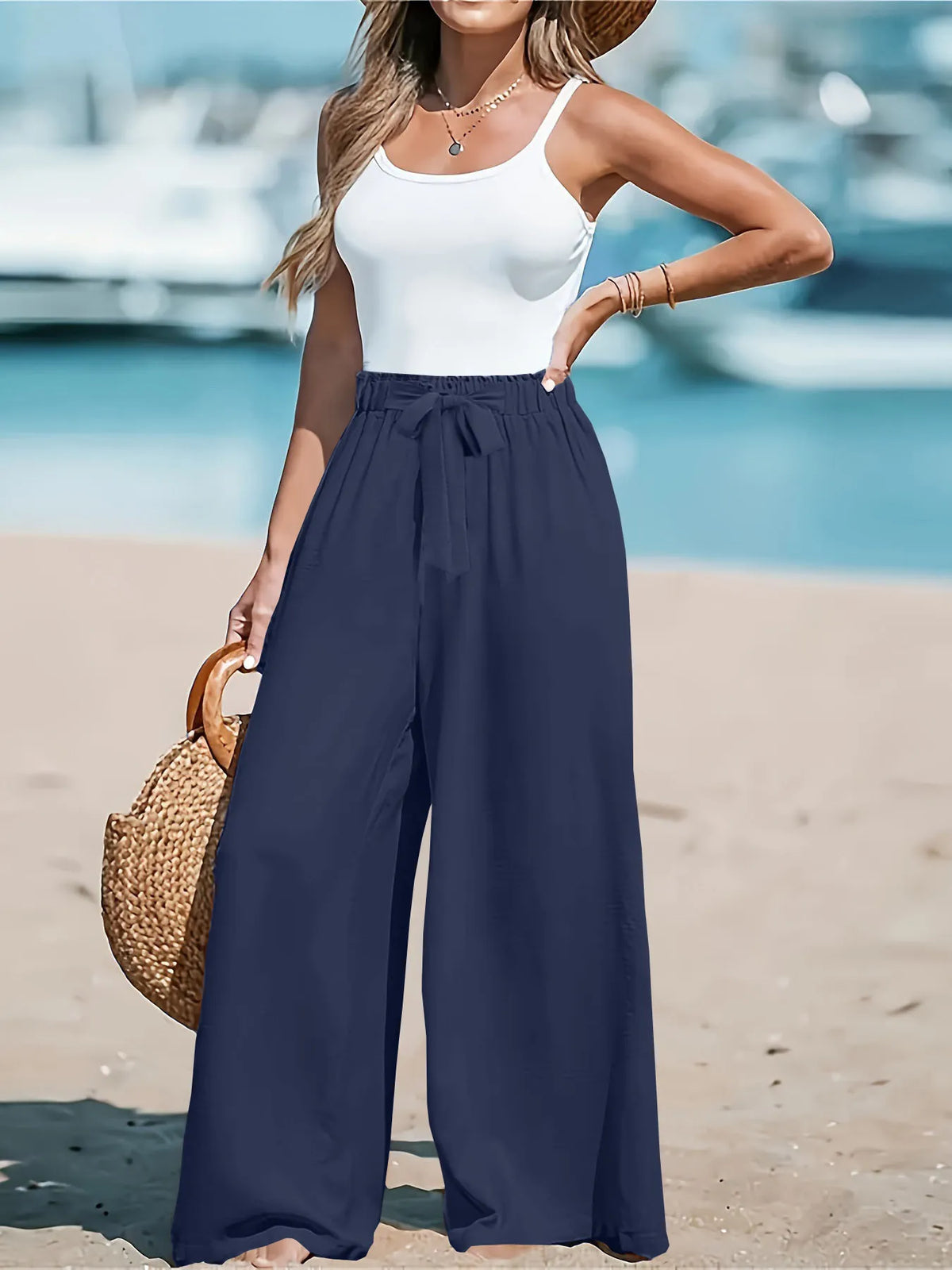 Full Size Drawstring Waist Wide Leg Pants Plus Size - Lilixa.store