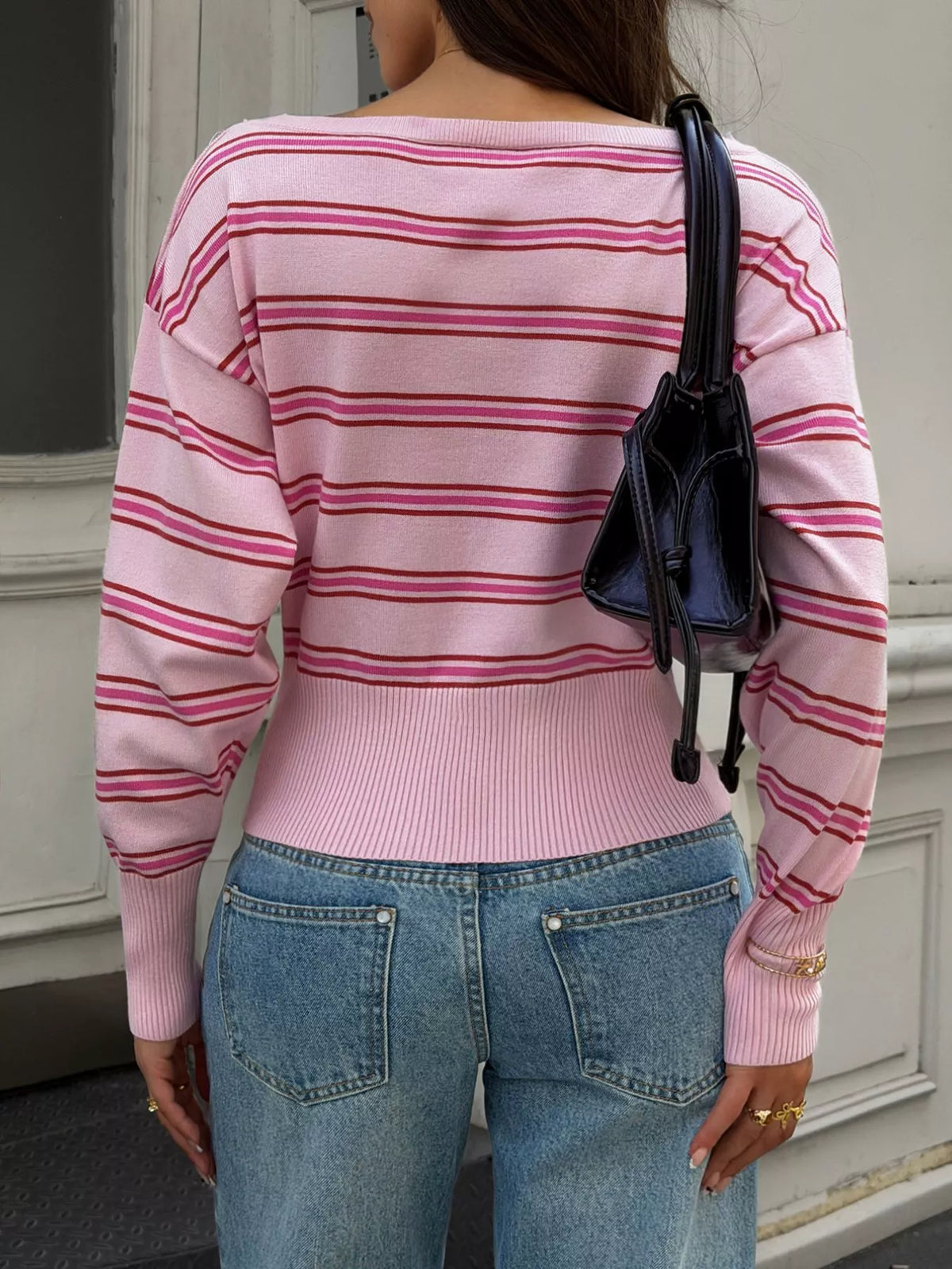 Off-Shoulder Striped Knit Top - Lilixa.store