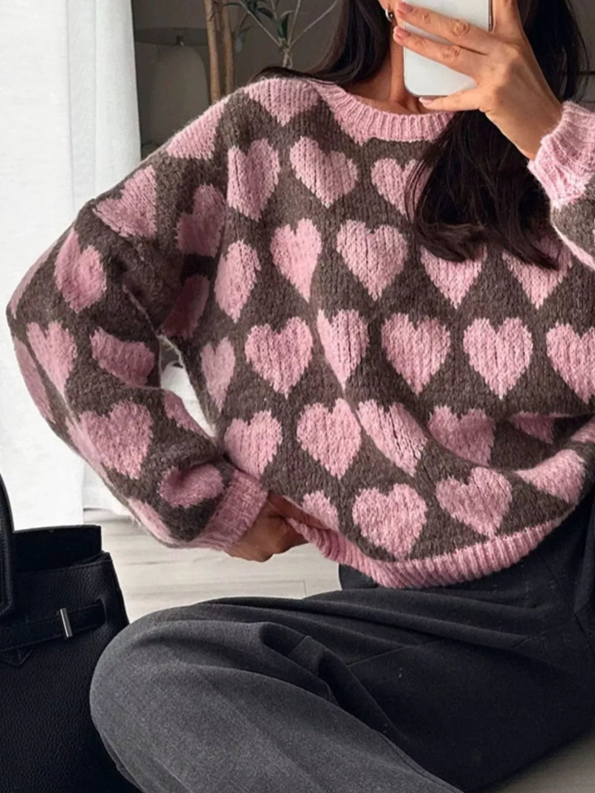 Heart Pattern Dropped Shoulder Sweater, view 15