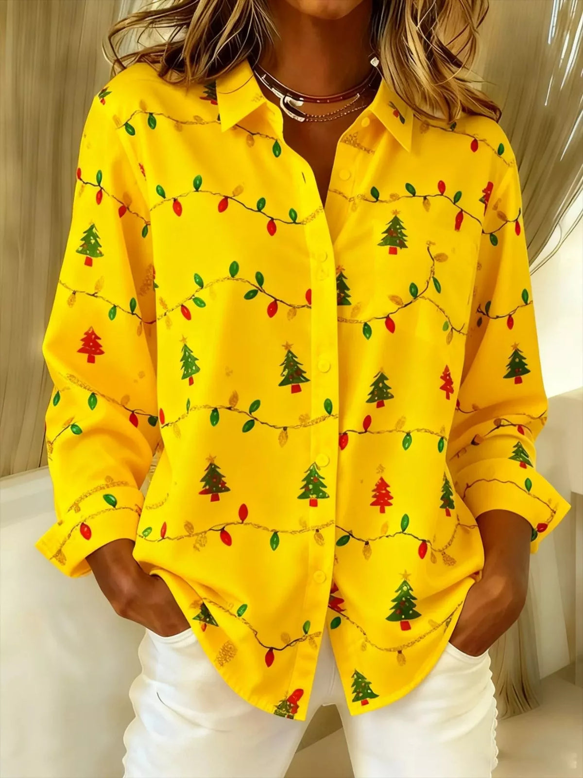 Full Size Christmas Tree Print Long Sleeve Button-Down Shirt Plus Size in Yellow