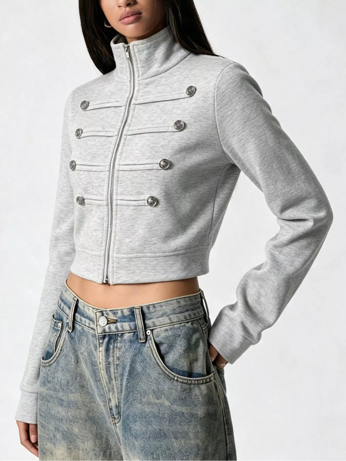 Cropped Zip-Up Outerwear with Decorative Buttons - Lilixa.store