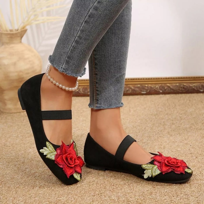 Flower Square Toe Slip-Ons in Black