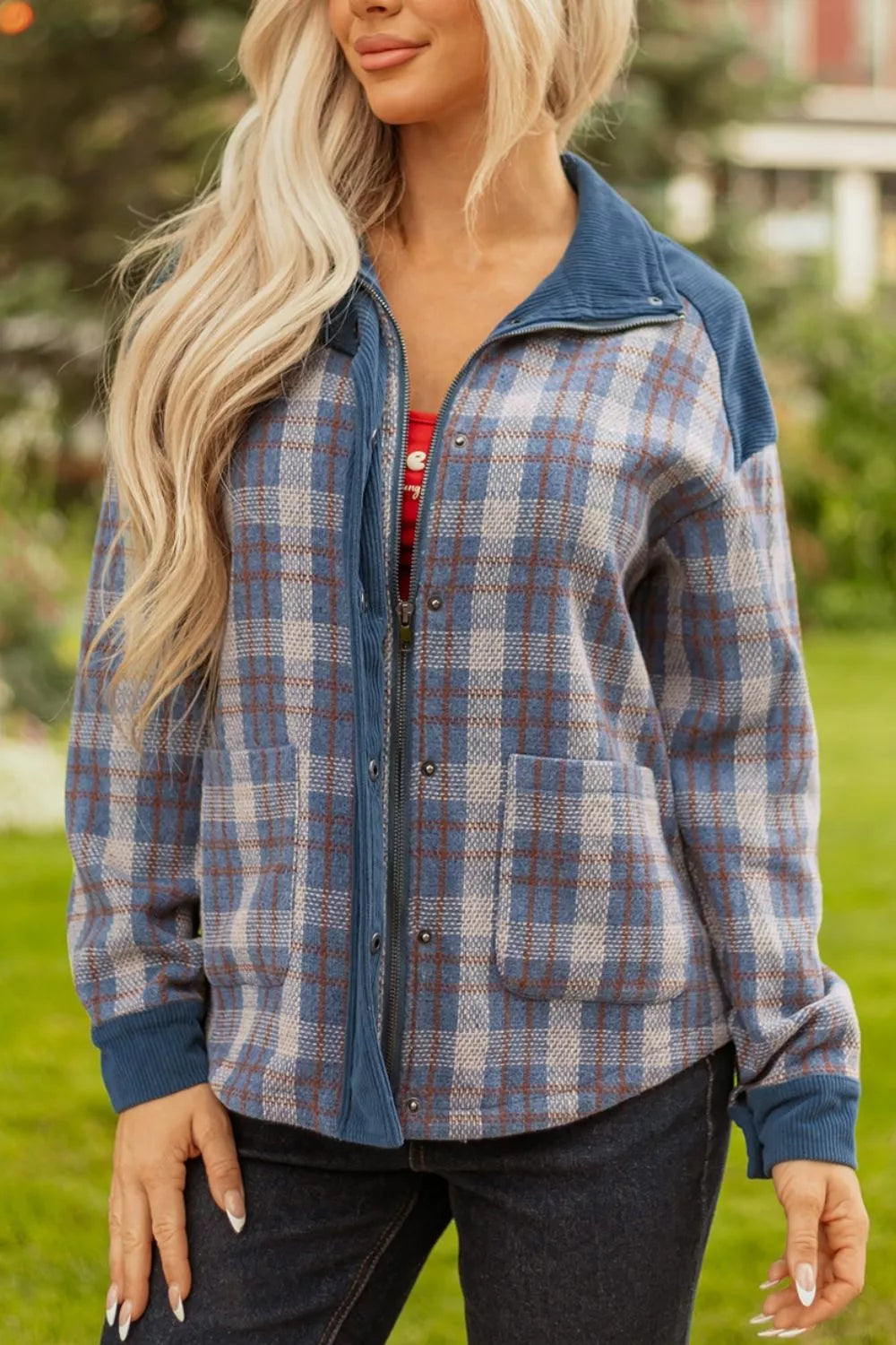 Plaid Corduroy Patchwork Collared Zip Up Snap Button Jacket, view 6