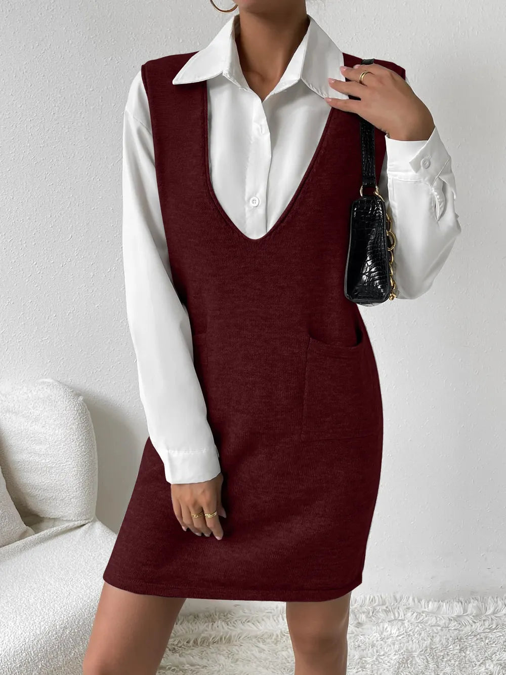 V-Neck Sleeveless Sweater Dress with Pockets, view 12