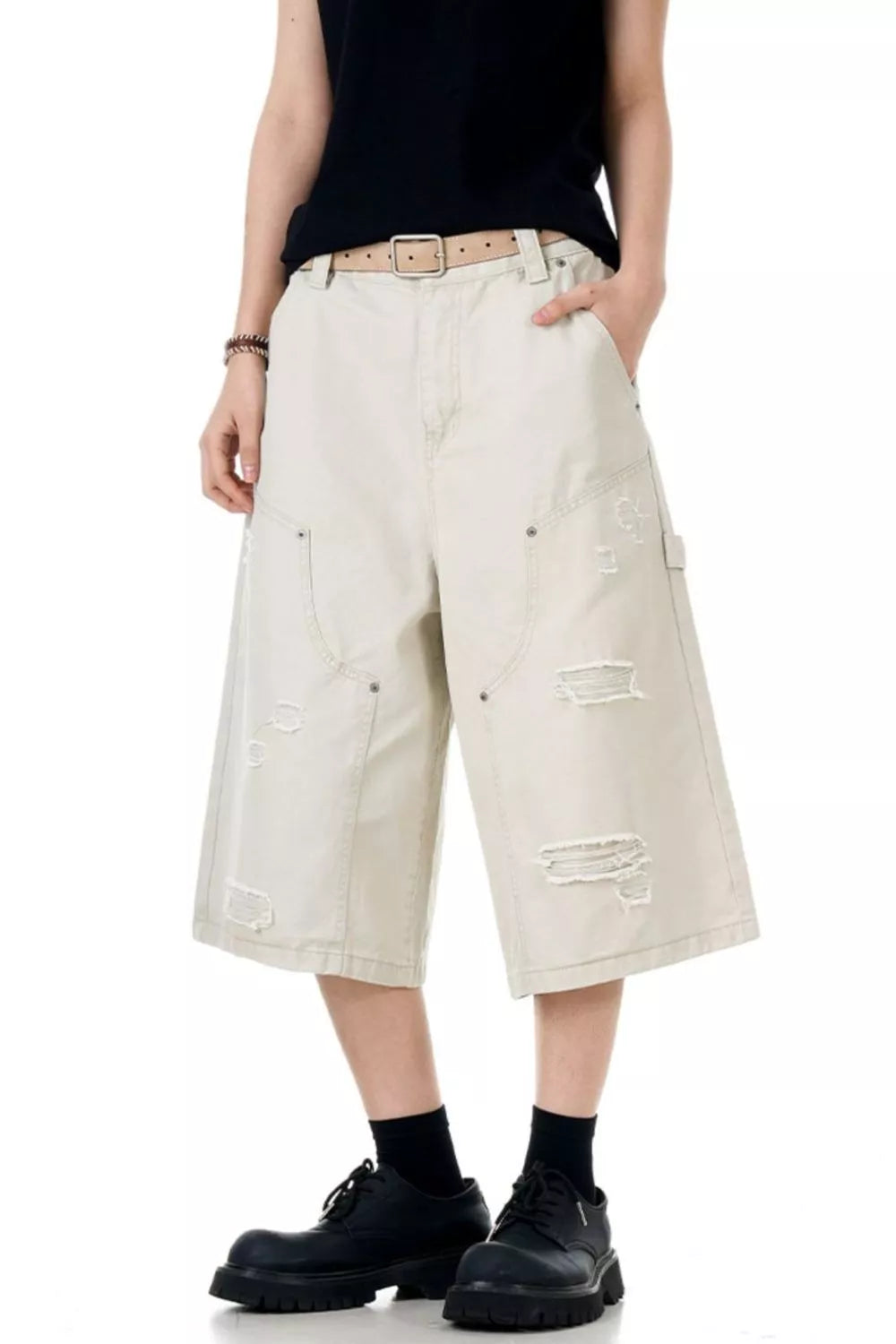Men's Distressed Wide Leg Shorts in Cream