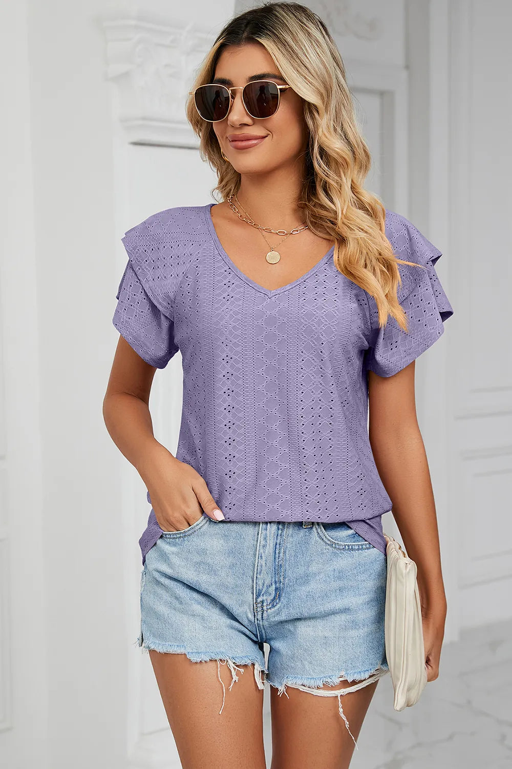 Eyelet V-Neck Short Sleeve T-Shirt - Lilixa.store