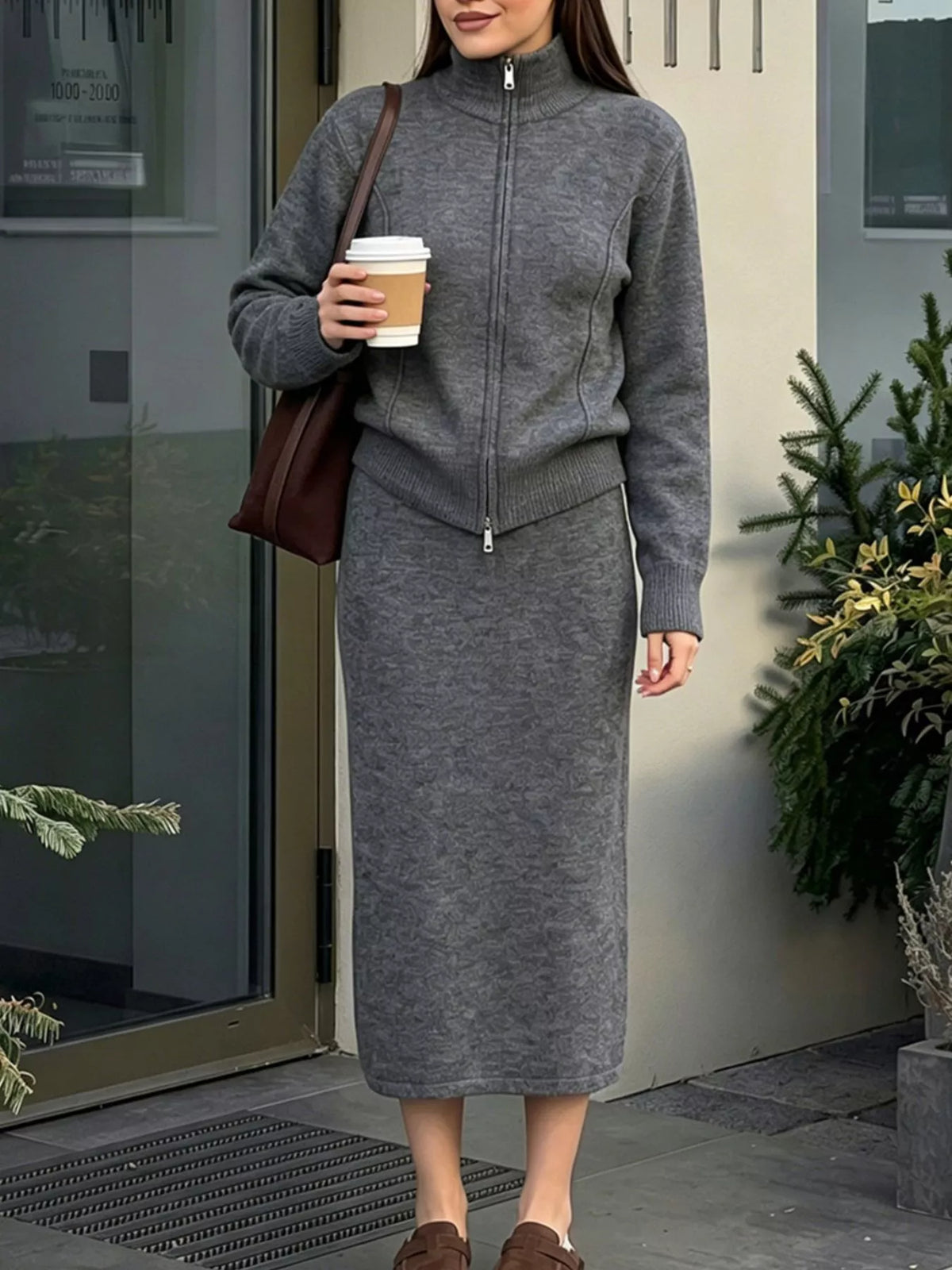 Zip-Up Mock Neck Cardigan and Matching Midi Skirt Sweater Set