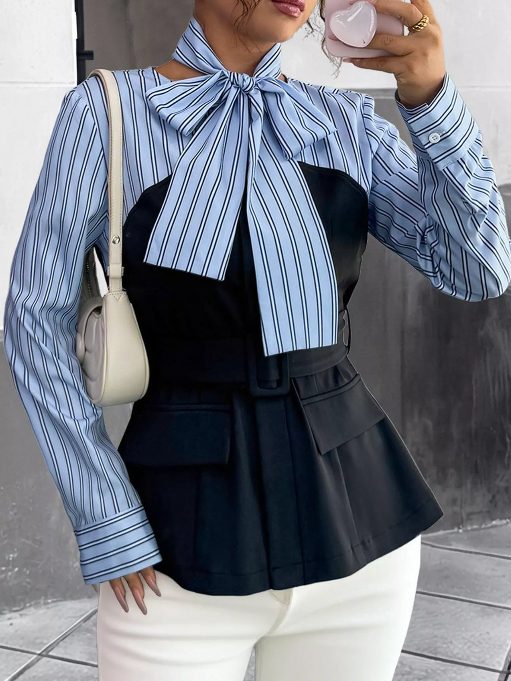 Striped Long Sleeve Blouse with Bow Tie - Lilixa.store