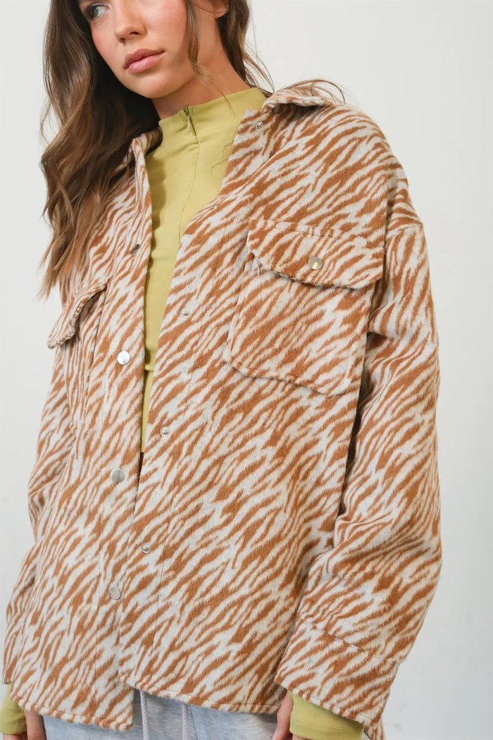 HYFVE Zebra Print Snap Down Long Sleeve Shacket in Camel