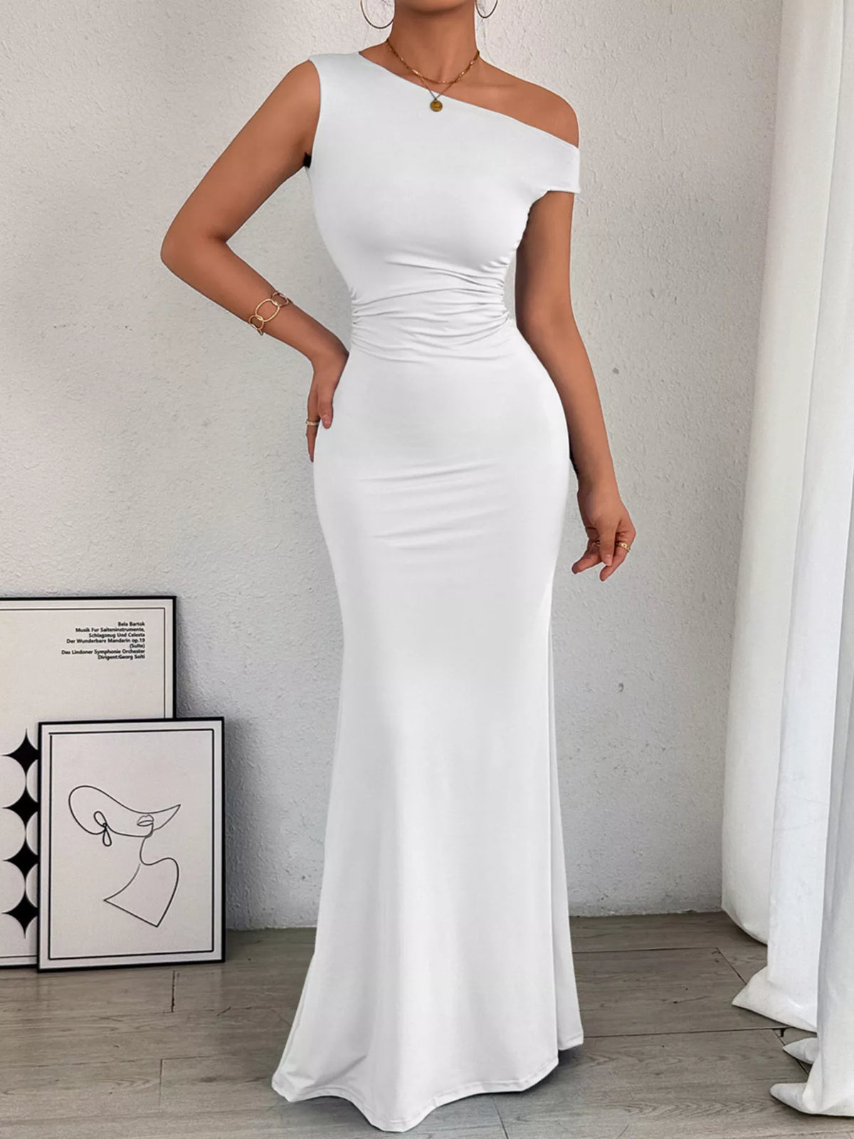 One-Shoulder Ruched Bodycon Maxi Dress in White