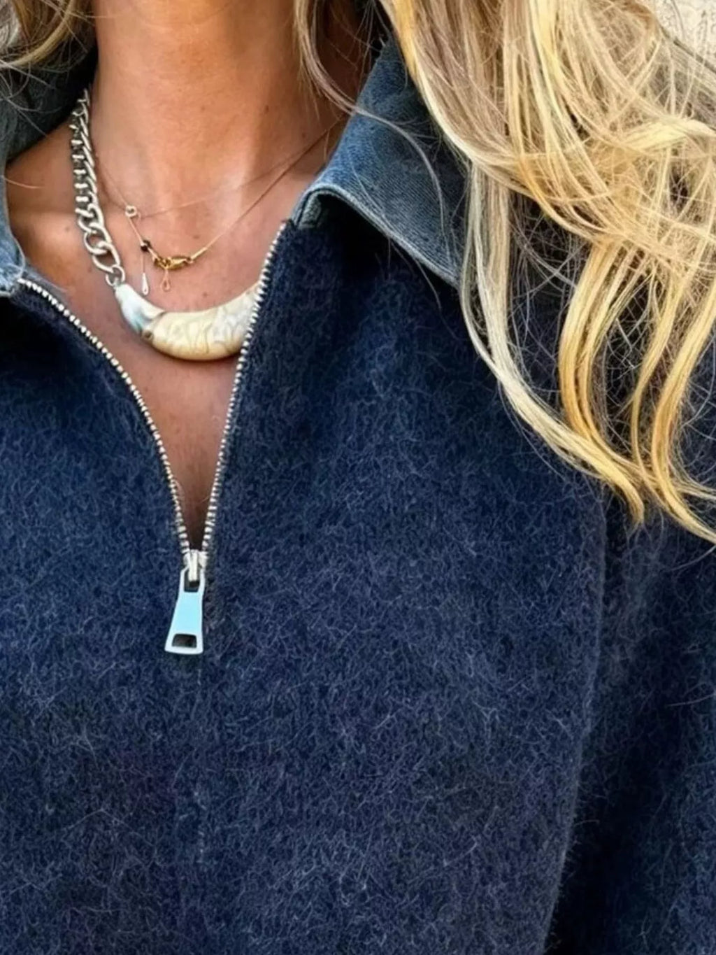 Contrast Denim Collar Half-Zip Knit Sweater, view 7