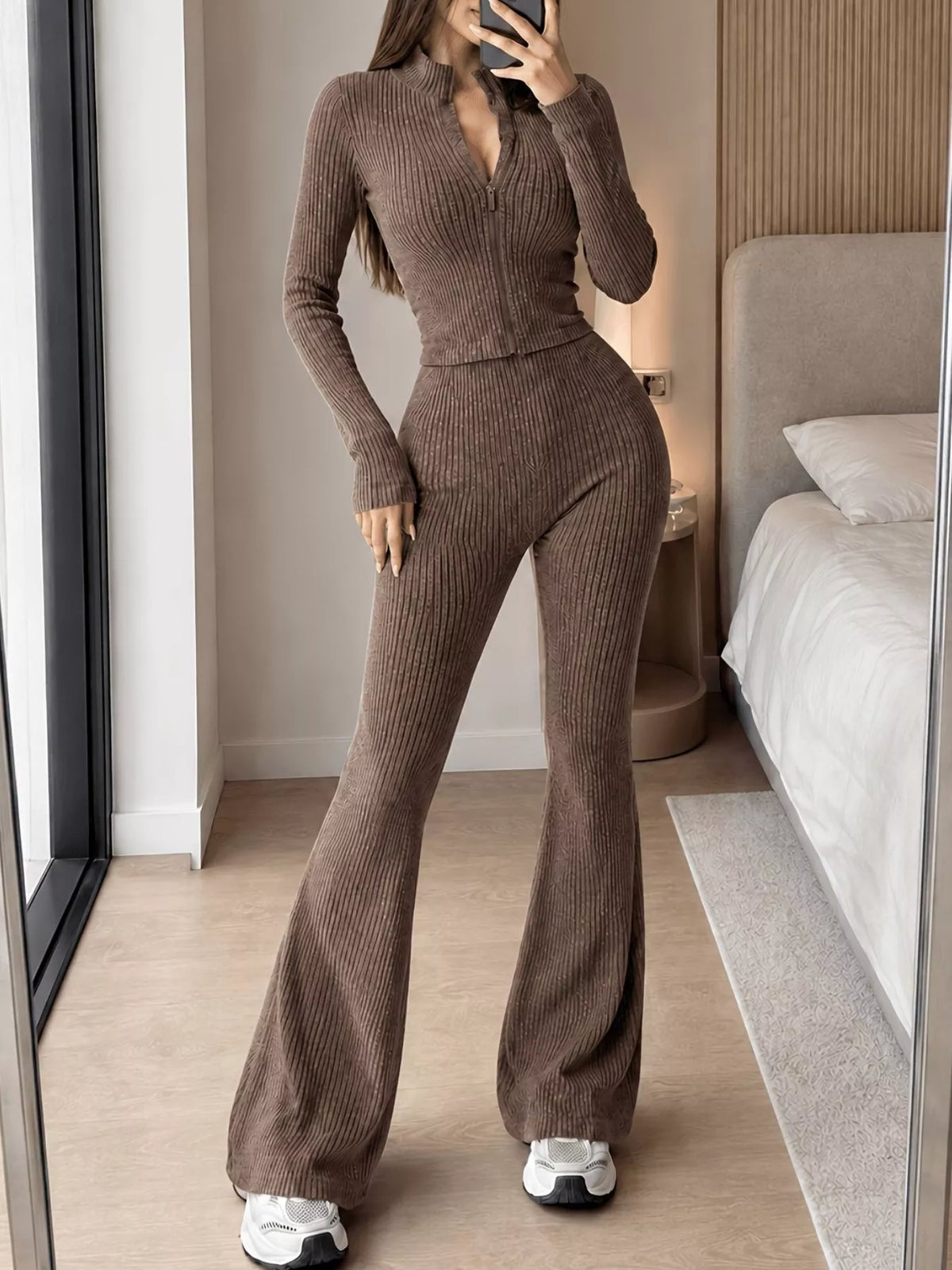 Ribbed Zip-Up Cardigan and Pants Knit Set - Lilixa.store