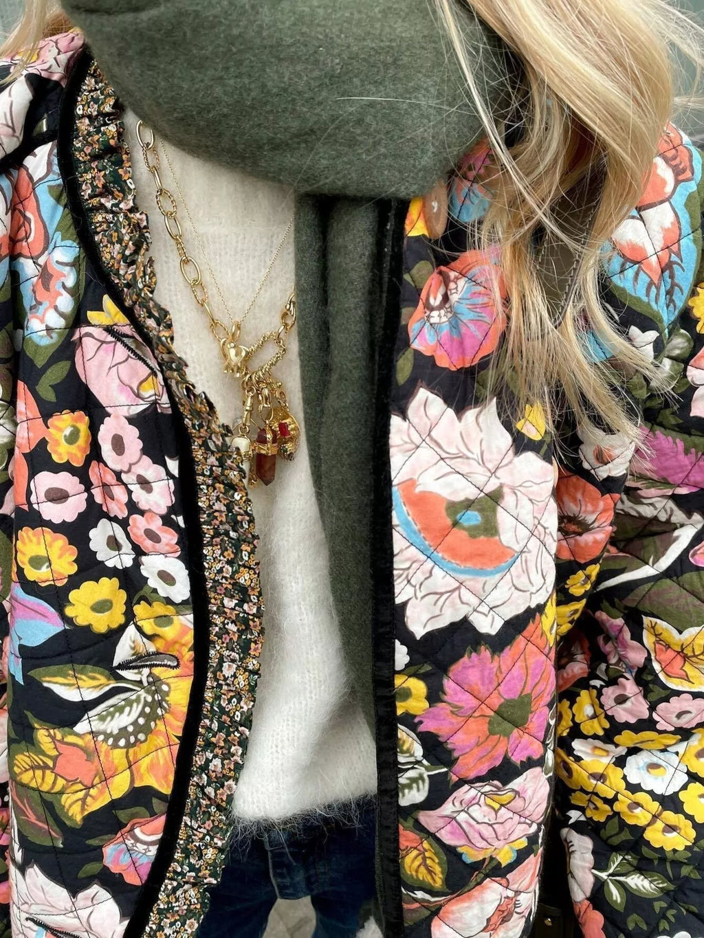 Full Size Floral Print Quilted Sherpa-Lined Jacket Plus Size - Lilixa.store