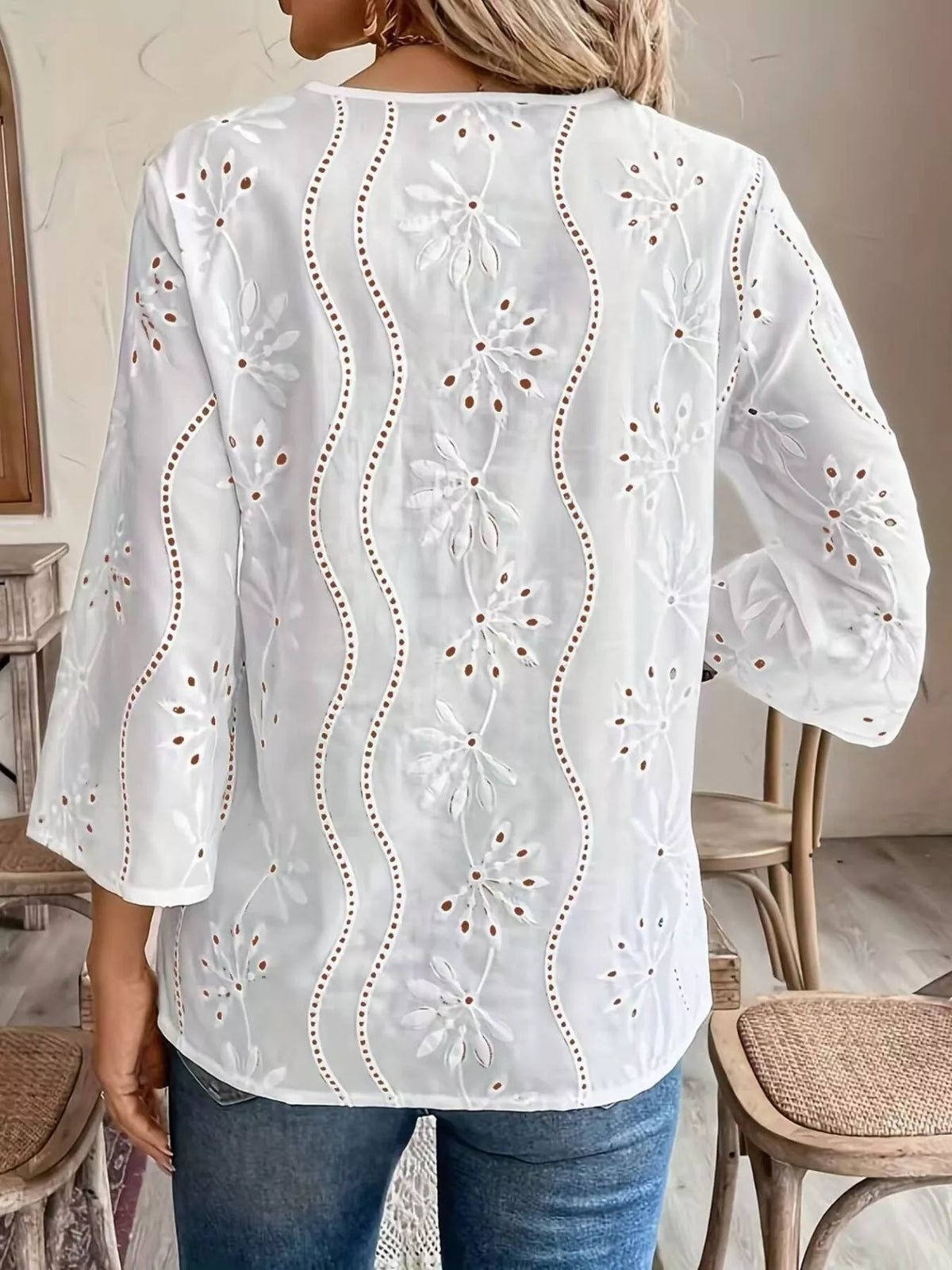 Full Size Embroidered Eyelet Long Sleeve Blouse Plus Size in White, view 2