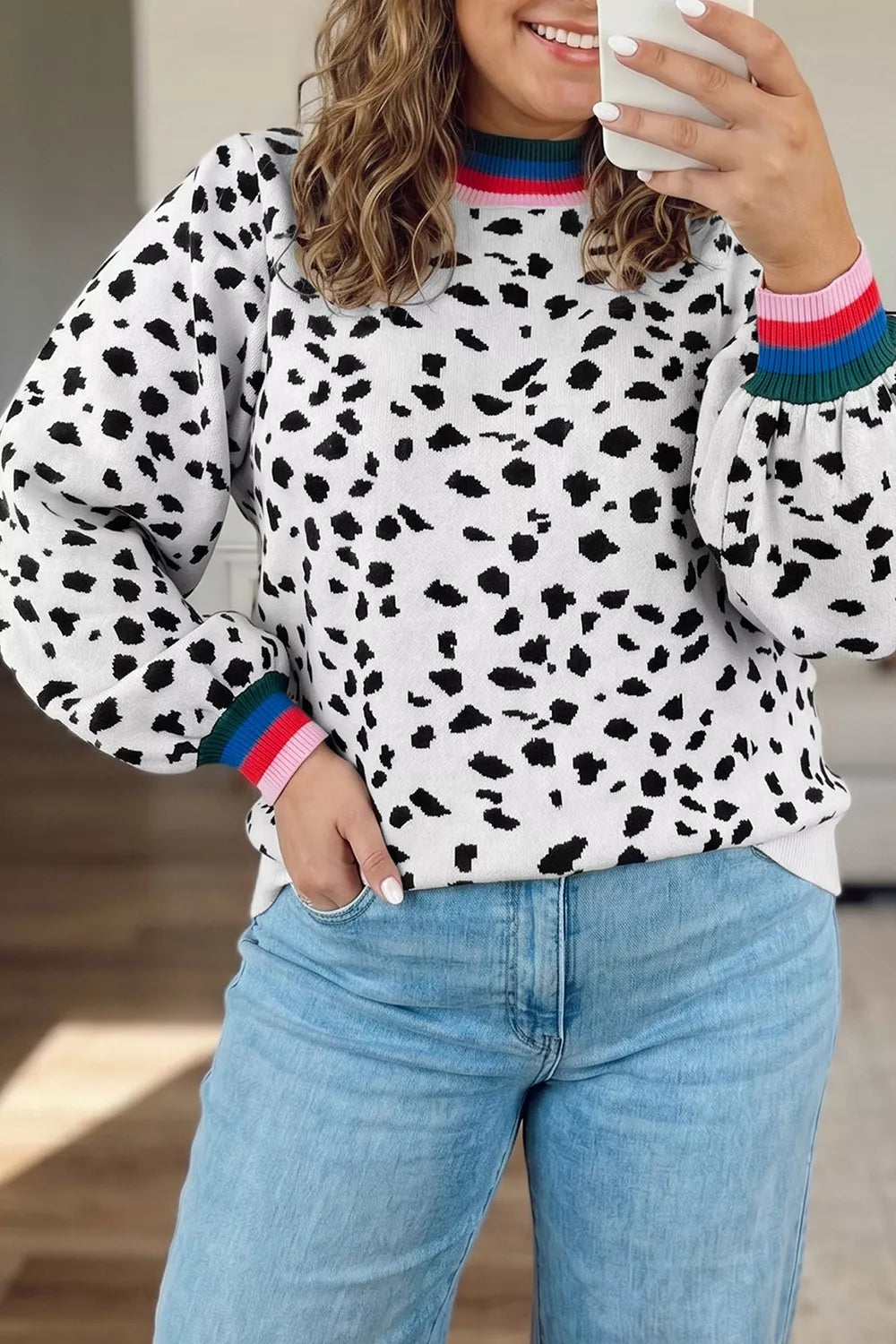 Plus Size Leopard Print Colorblock Round Neck Long Sleeve Tunic Sweater - Lilixa.store