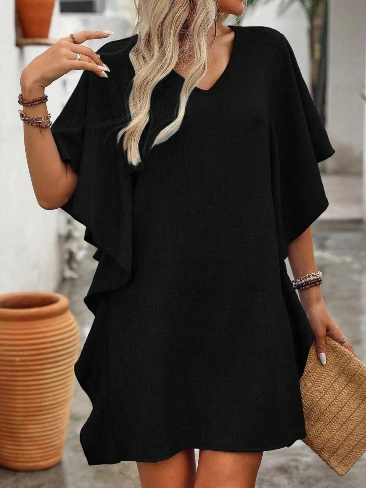 Ruffled Flutter Sleeve V-Neck Mini Dress - Lilixa.store