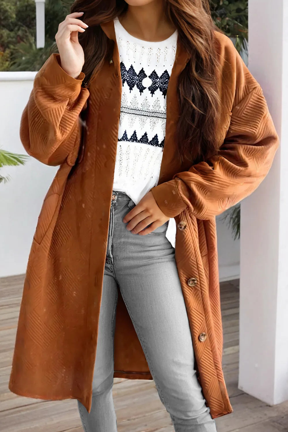 Textured Button Down Collared Neck Coat - Lilixa.store