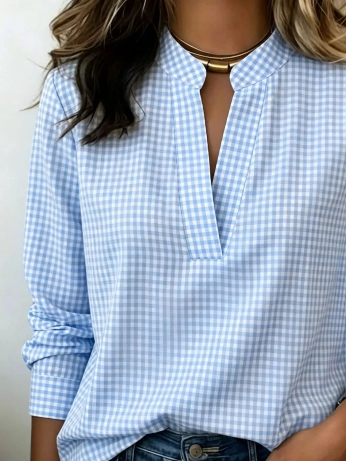 Full Size Plaid Notched Long Sleeve Blouse Plus Size - Lilixa.store