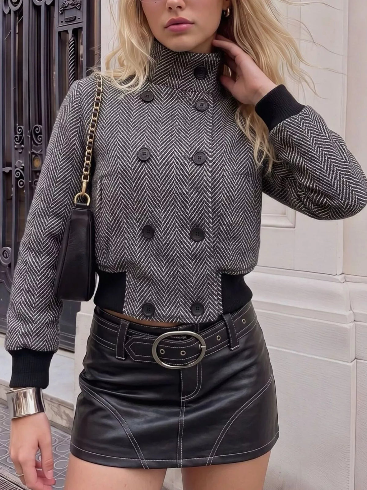 Herringbone Double-Breasted Cropped Outerwear - Lilixa.store