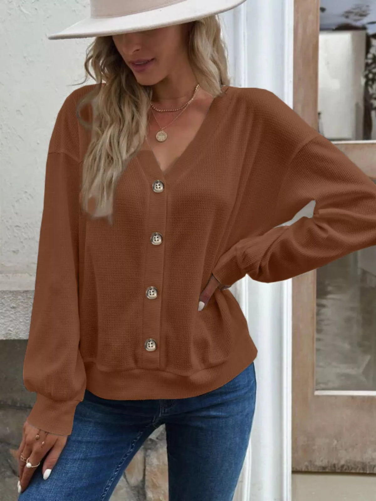 Casual V-Neck Waffle Long Sleeve Top in Khaki
