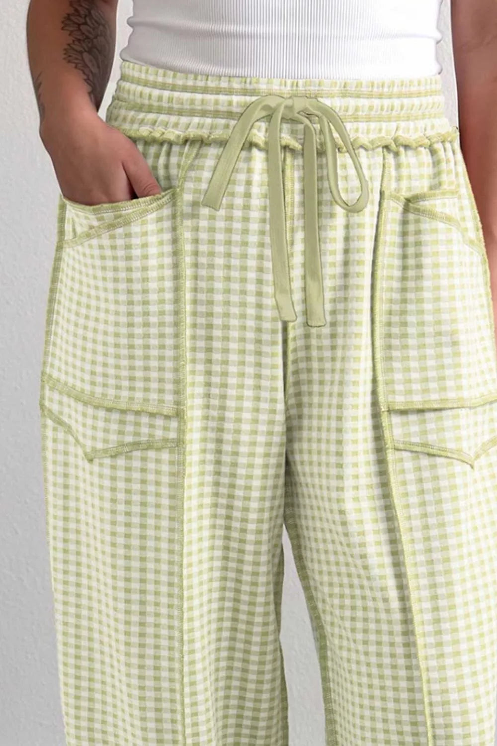 Gingham High-Waisted Drawstring Wide-Leg Pants