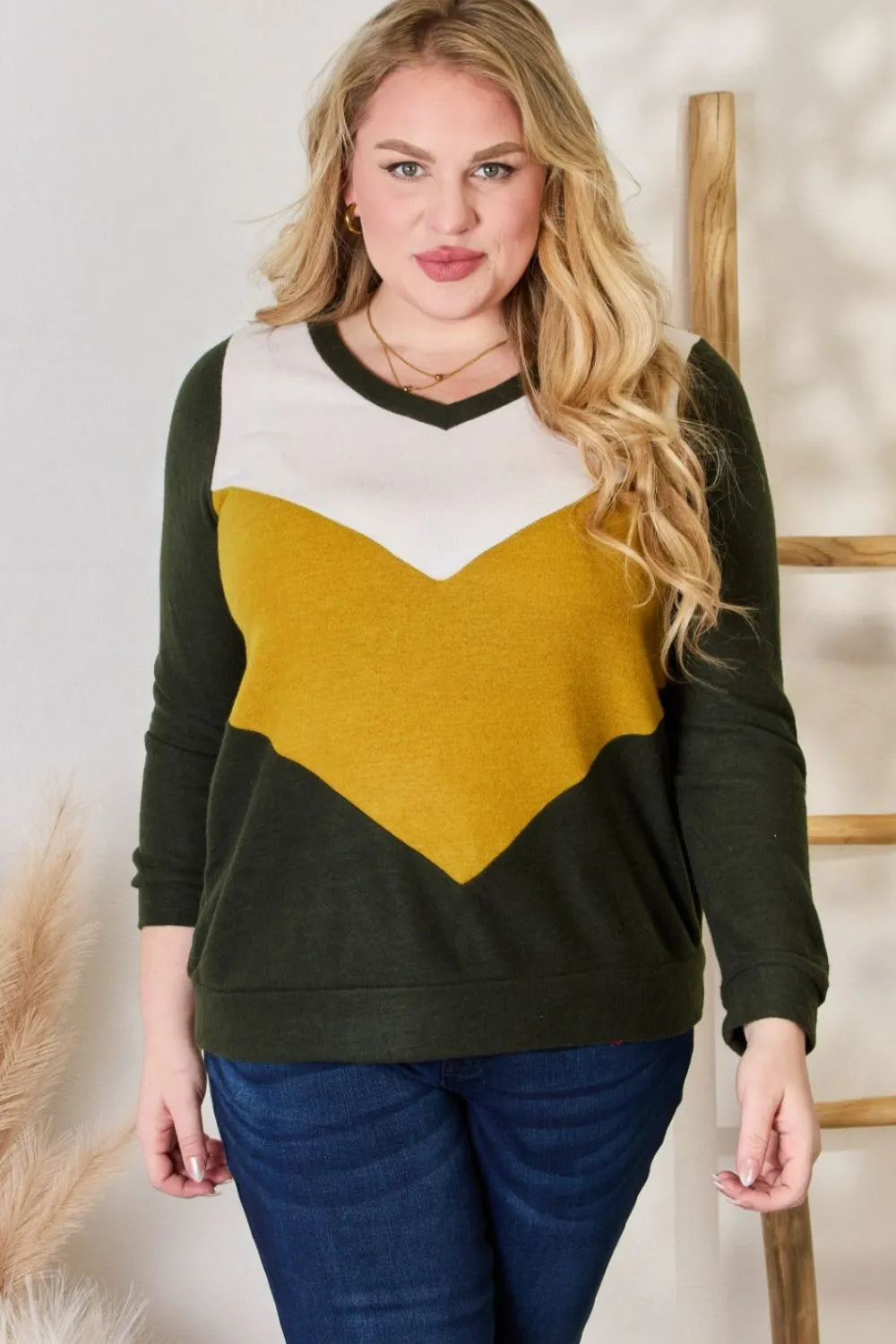 Hailey & Co Full Size Colorblock V-Neck Blouse - Lilixa.store