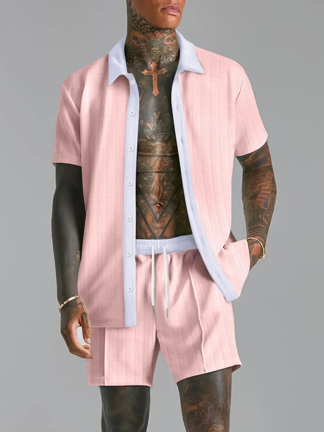 Men's Full Size Collared Neck Short Sleeve Top and Shorts Set Plus Size in Blush Pink