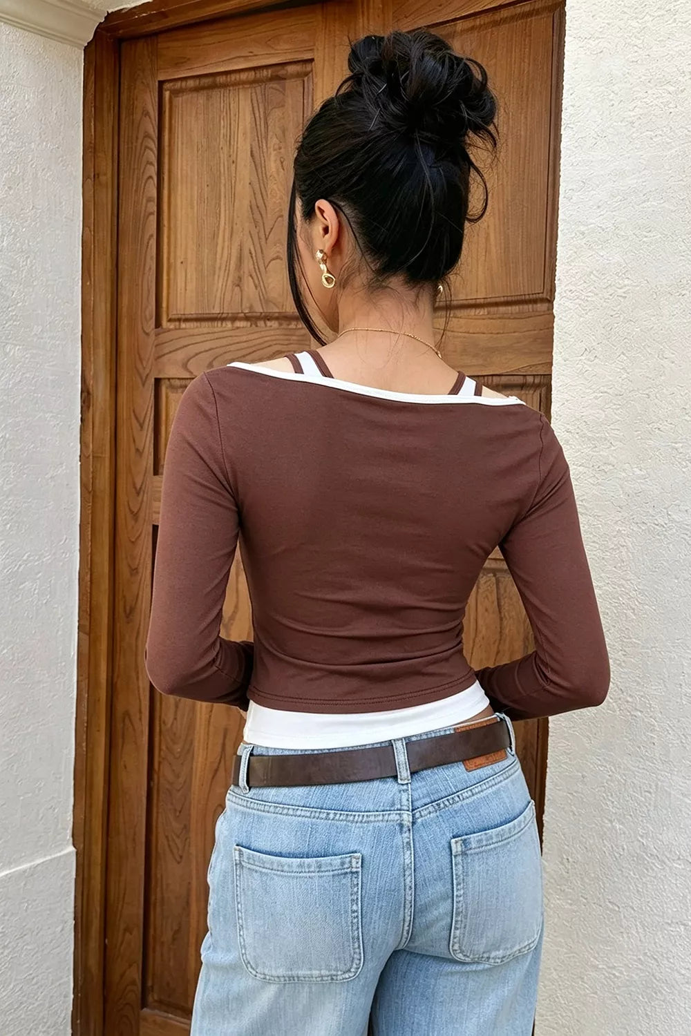 Color-Block Cutout Long Sleeve Slim Fit Top - Lilixa.store
