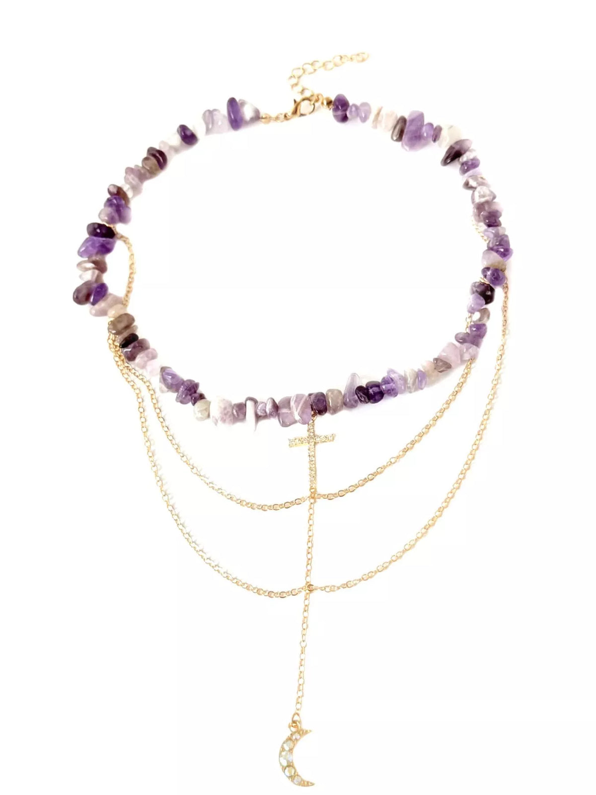Layered Cross and Moon Pendant Necklace in Lavender, view 6