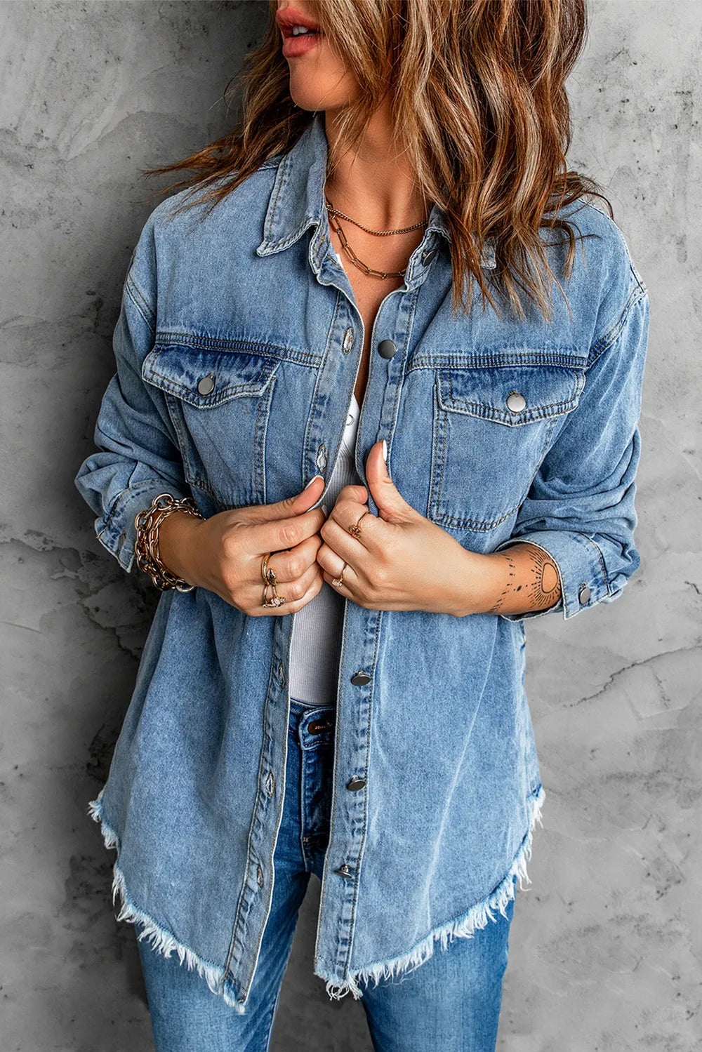 Button Up Pocketed Raw Hem Denim Jacket in Deep Teal