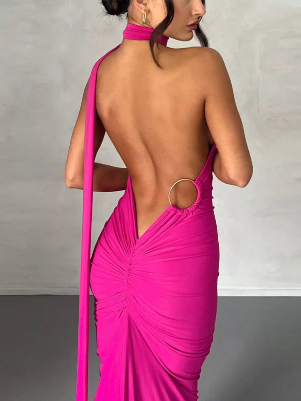 Backless One-Shoulder Ruched Bodycon Maxi Dress - Lilixa.store