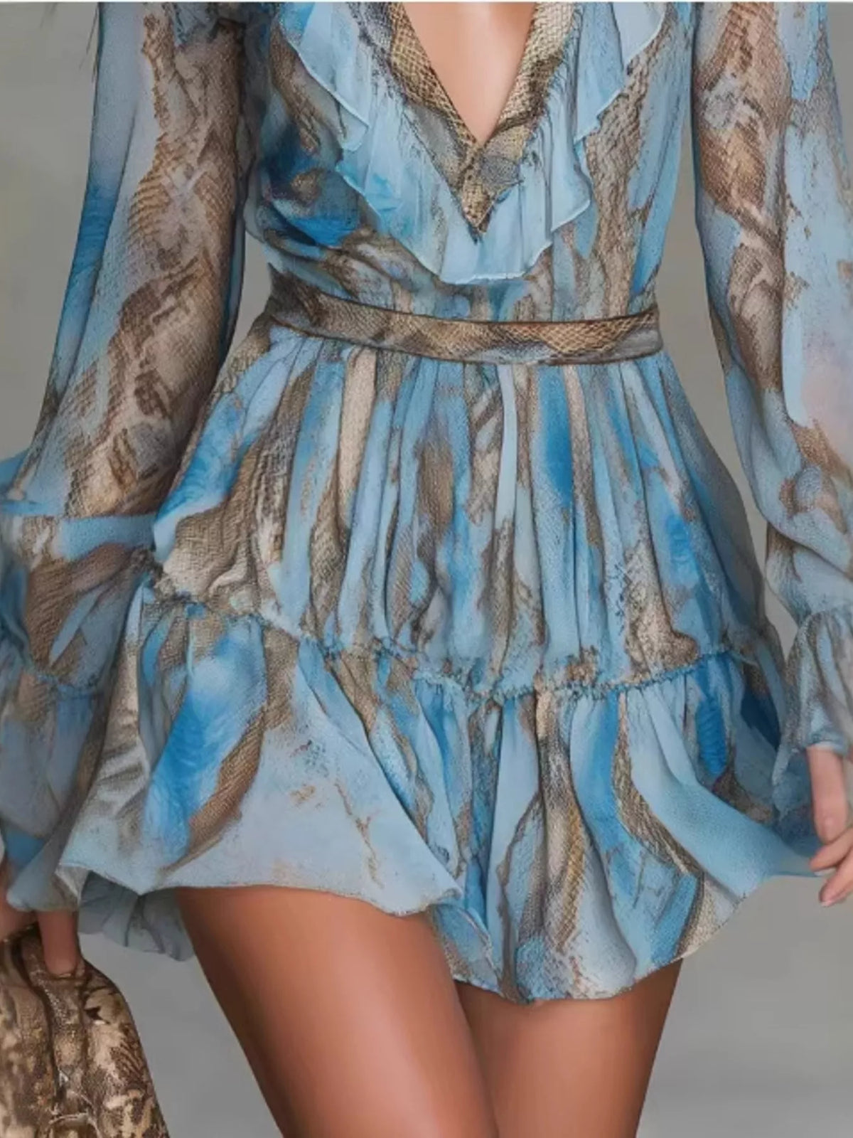 Boho Chic V-Neck Ruffled Long Sleeve Mini Dress in Pastel Blue, view 3