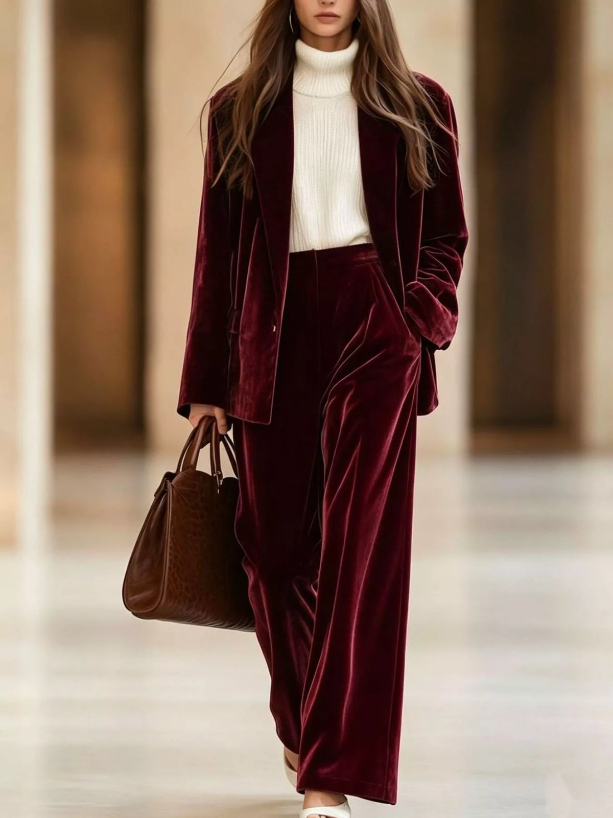 Velvet Blazer and Wide-Leg Pants Two-Piece Set - Lilixa.store