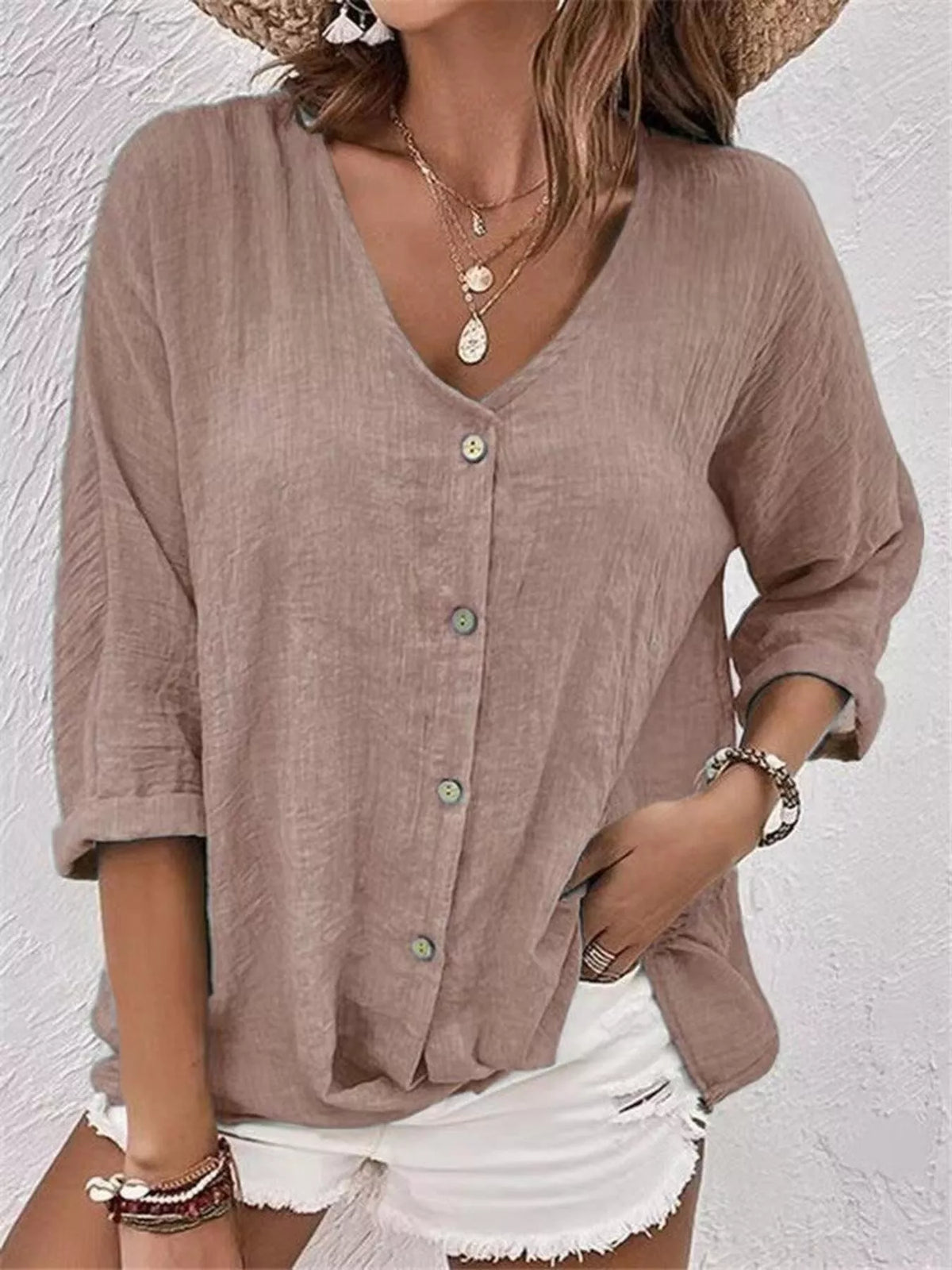 Full Size Casual V-Neck Button-Down Blouse Plus Size in Dusty Pink