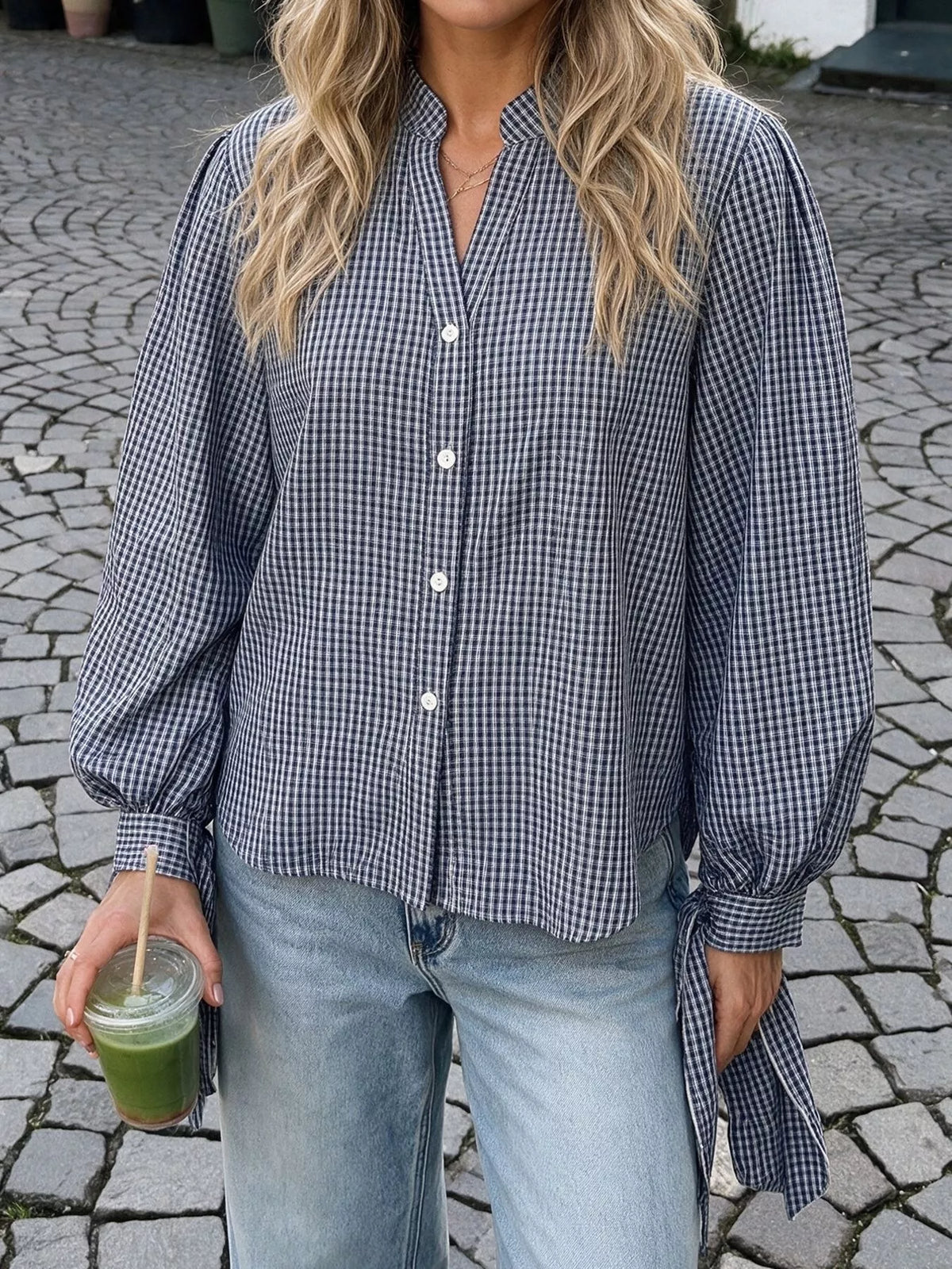 Gingham Button Up Shirt with Tie-Sleeve Detail in Navy, view 4